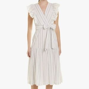 Rebecca Taylor White and Blue Striped Ruffled Midi Dress NWT Sz 10
